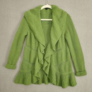 LAFAYETTE 148 Women's Green Merino Wool Cashmere Ruffles Cardigan Medium